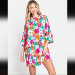 GeeGee Floral Print Dress Puff Sleeve Colorful Boho Cotton Size M